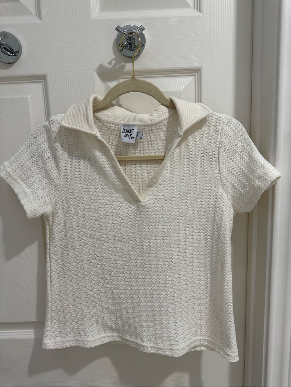 Women’s Cotton Crochet Knit Polo V-Neck Shirt Top Ivory, Size 4